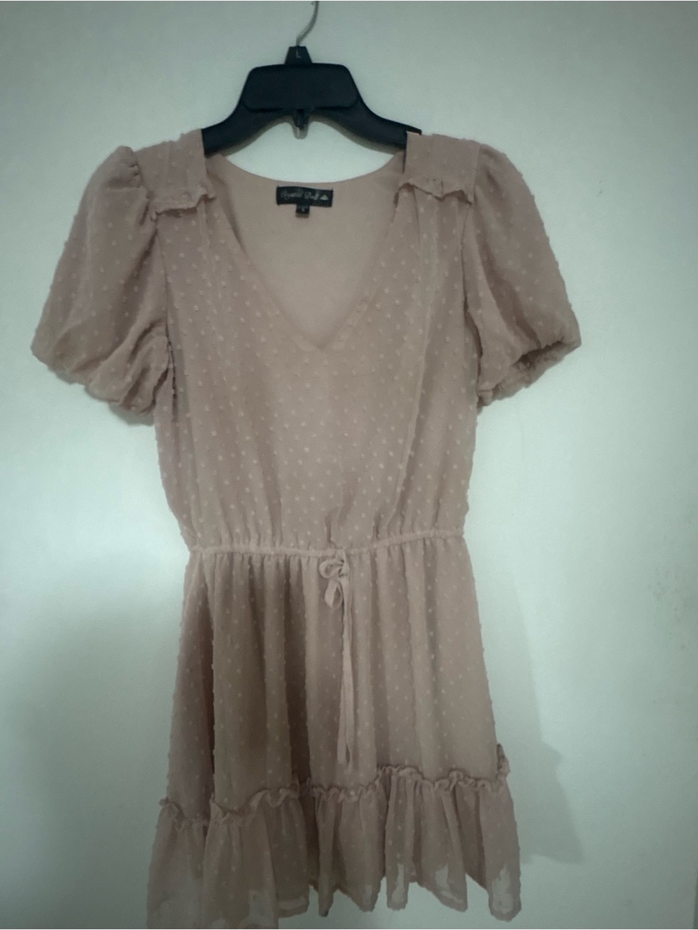 Crystal Doll Blush Pink Swiss Dot V-Neck Puff Sleeve Mini Dress